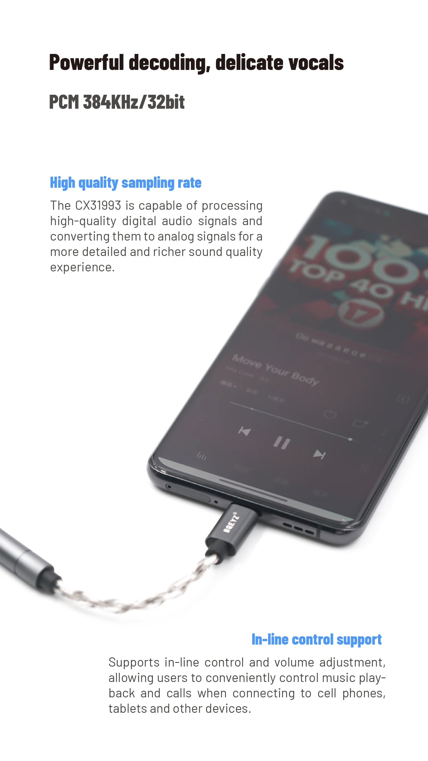 BQEYZ LIN Typ C auf 3,5 mm 4,4 mm HiFi-Kopfhöreradapter 32 Bit 384 kHz CX31993 Dongle Kopfhörerverstärker DAC kompatibel mit Typ-C-Anschlüssen – Detail 3