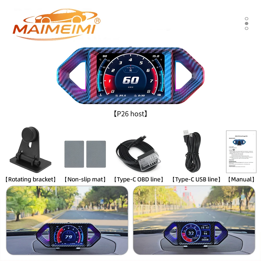 P26 Car Head Up Display OBD+GPS Dual System Multi-function Full LCD Instrument with Tester Alarm Over Speed Reminder