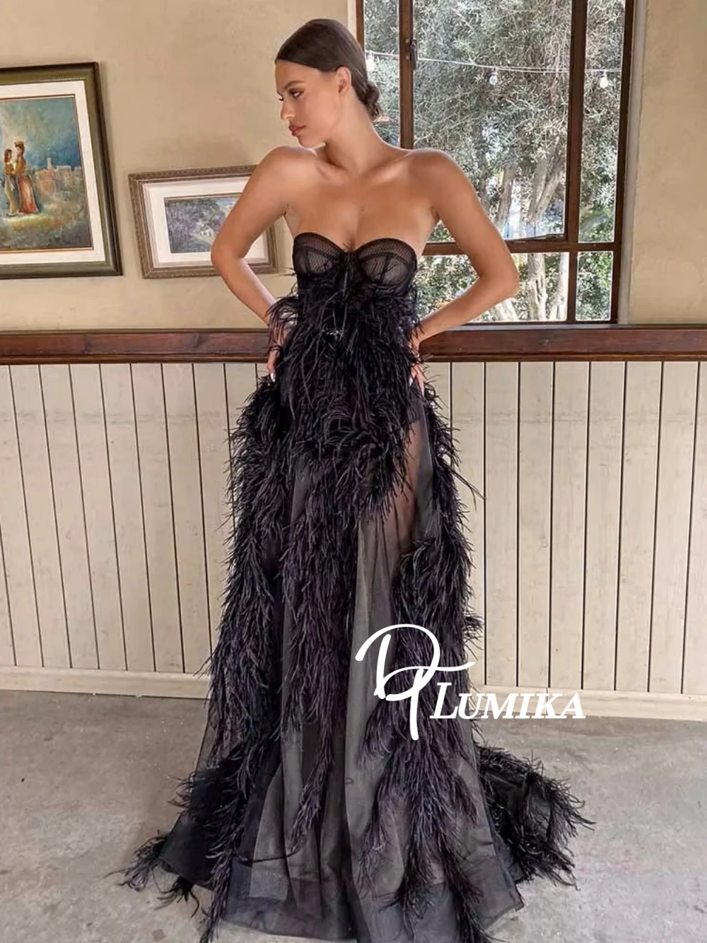 Black Sexy A Line Evening Dress Exquisite Feathers Customized Prom Gown Fashionable Formal Banquet Women Delicate Party Wear