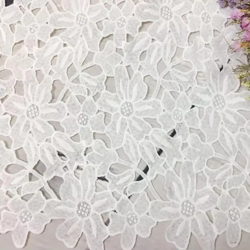 1yd White Leaf Pattern Water Soluble Embroidery High Quality African Guipure Cord Lace Fabric For Nigerian Wedding Party Dresses