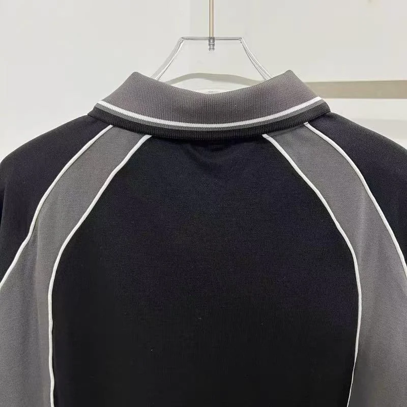 High Quality Vintage Patchwork Thick Fabric Flip Neck T-Shirt 25FW Man Woman Oversized Hip Hop Almond Color Black Top T Shirt
