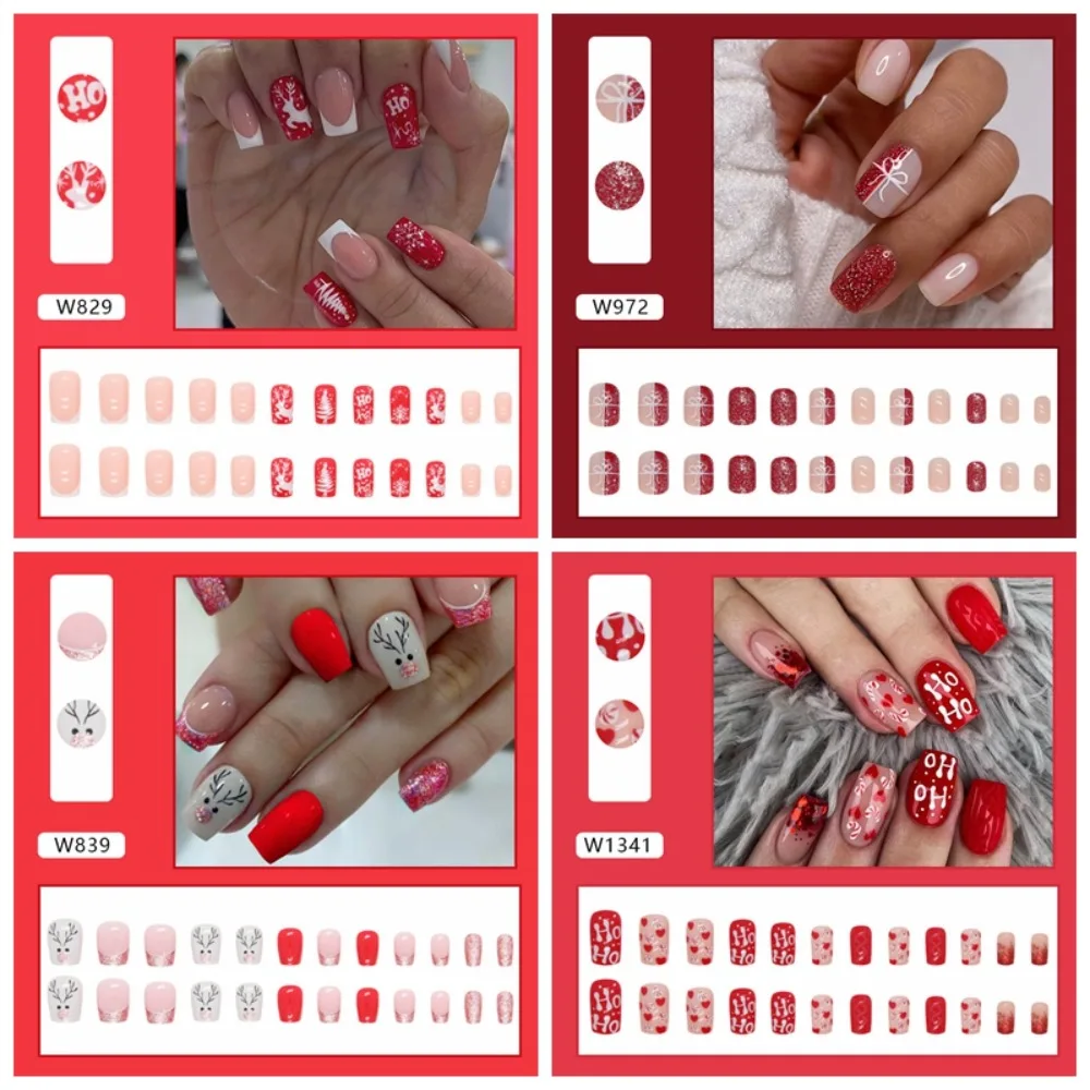 24 sztuk/zestaw materiał do Manicure świąteczne krótkie sztuczne paznokcie DIY akcesoria do paznokci artykuły do paznokci świąteczne krótkie sztuczne paznokcie