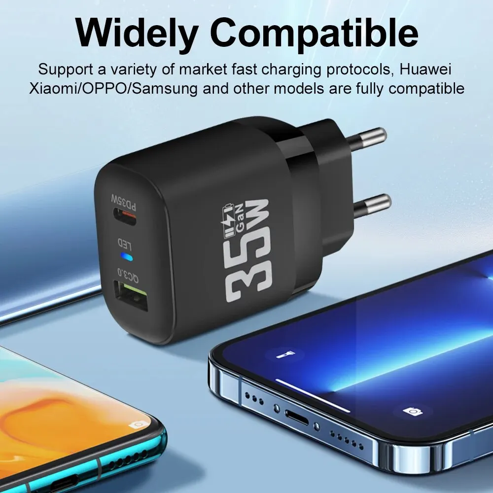 LED GaN USB Type C Charger Tablet Fast Charger 35W QC3.0 PD3.0 Charge Adaper For Iphone 15 Xiaomi Poco F5 Laptop Charger