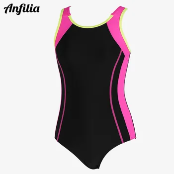 Anfilia Girls One-piece Swimsuit Scoop Neck High Elastic Racerback & Keyhole Modest Leg Cut with Removable Padded Swimwear