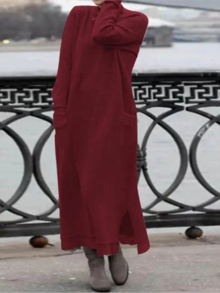 New Autumn Women\'s Solid Color Loose Large Knitted Lace Long Dress With Velvet Hoodie Pocket For Casual Comfort