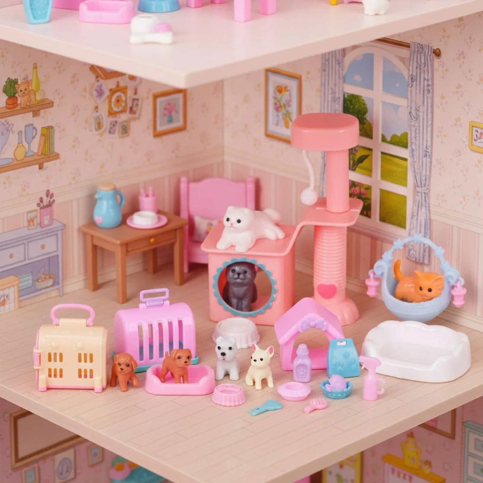 Suitable For Mini Dollhouse Accessories, Mini Pet Cat And Dog Models, Cat Climbing Frame, Pet Cage Set, Children's Gift