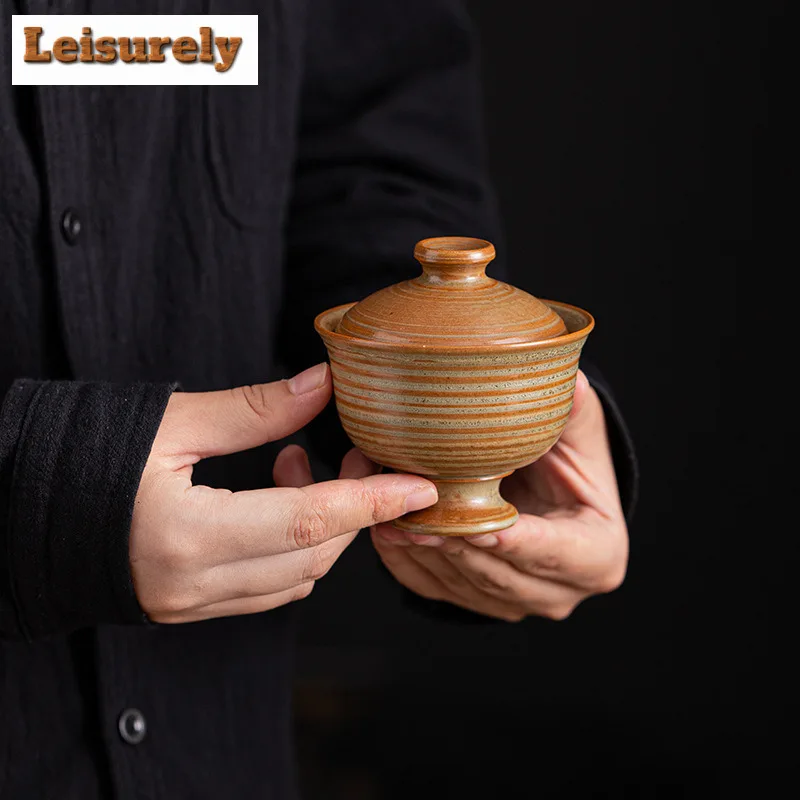 110ml Retro Old Rock Clay Glazed Gaiwan Japanese Coarse Pottery Tea Tureen Tea Maker Cover Bowl Chinese Kung Fu Teaset Crafts