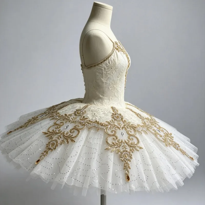 classical-ballet-tutu-skirt-for-kids-adults-gold-lace-decor-sparkly-white-puffy-tulle-dance-costume-elegant-stage-performances