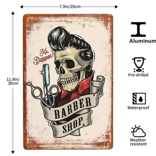 BARBER SHOP METAL TIN SIGN BARBER MR. DAPPER SKULL HAIR ART BARBER SHOP WALL ART