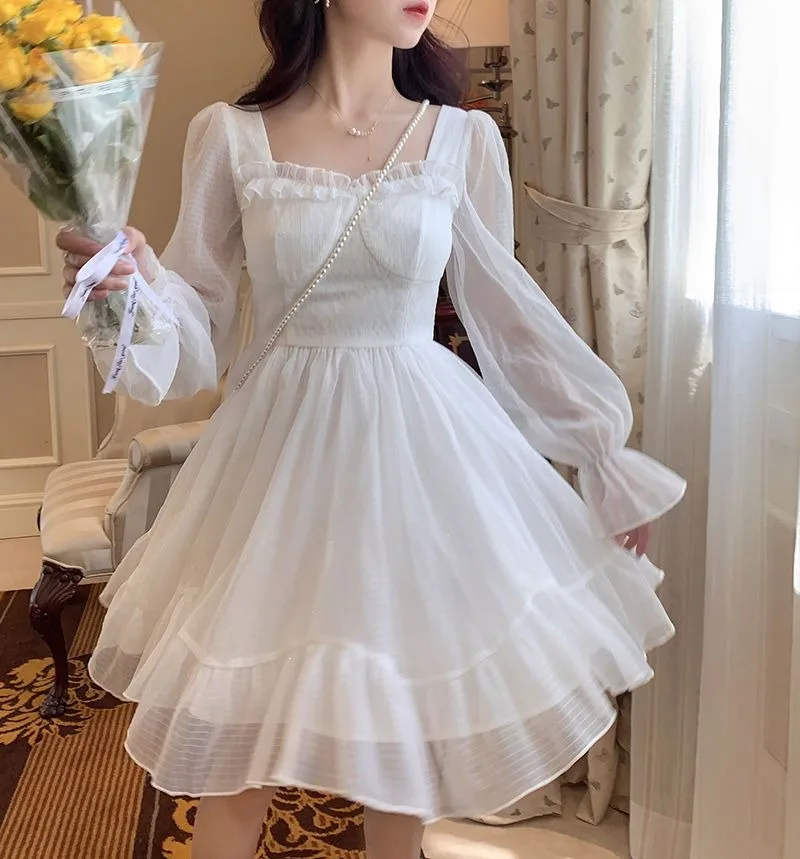 French Fairy Bow Mesh Princess Dress Spring Summer Flare Sleeve Sheer Waisted A-line Ruffled Midi Dresses Party Vestido
