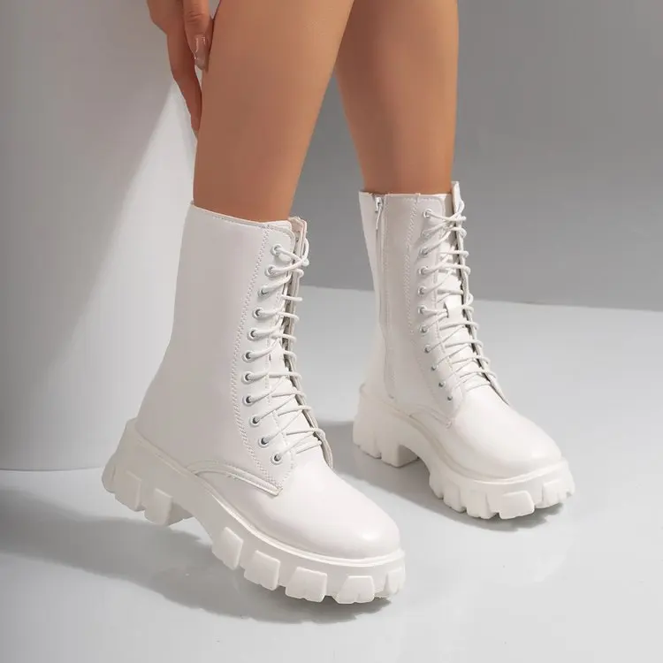 Weiße Plateau-Kampfstiefel für Damen mit Schnürung und seitlichem Reißverschluss, modische Stiefel in mittlerer Wadenhöhe – Detail 4
