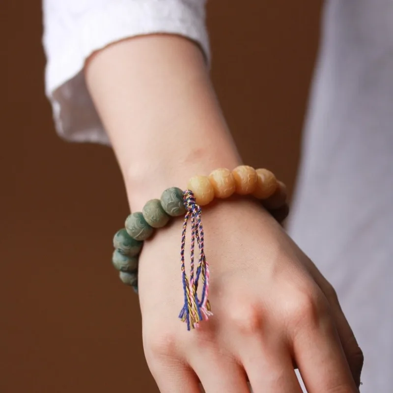 Weathered Gradient Greenish Black Apple Round Bodhi Mala Bracelet with Multi Treasure Carved Beads DIY Handmade Daily Wear Gift