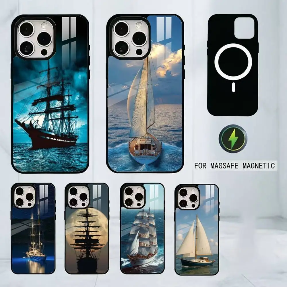 Sailing Ship Boat Phone Case For iPhone17,16,15,14,13,12,11 Plus,Pro Magnetic with Magsafe Wireless Charging