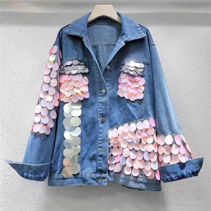 

European Street 2024 Autumn New Heavy Industry Beads Sequined Denim Coat Women's New Design Sense Denim Jacket Fashion Jackets