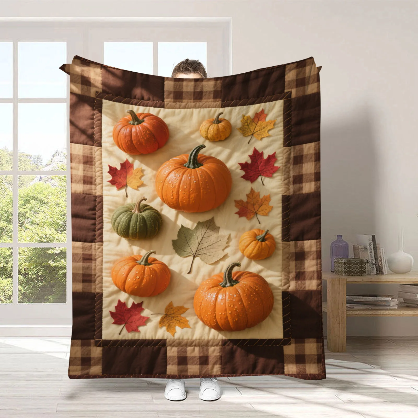 Black White Check Pumpkin Floral Harvest Flannel Blanket For Fall Home Decor Soft Warm Throw Blanket Wrap