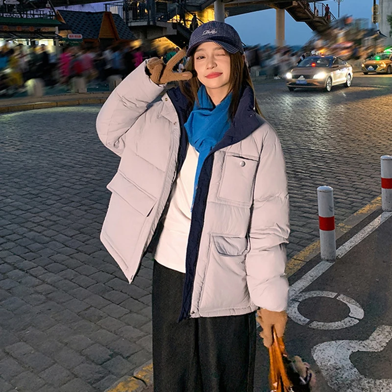 

Fashion Big Pocket Stand Collar Winter Jacket Women Korean Contrast Color Zip Up Cotton Outerwear Trend Streetwear Bread Jackets