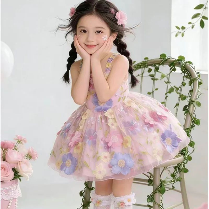 

Kawaii Girls Flower Suspender Dress New Summer Lolita Tutu Skirt Princess Mesh Dress Fashion Children Sweet Dress Party Dress