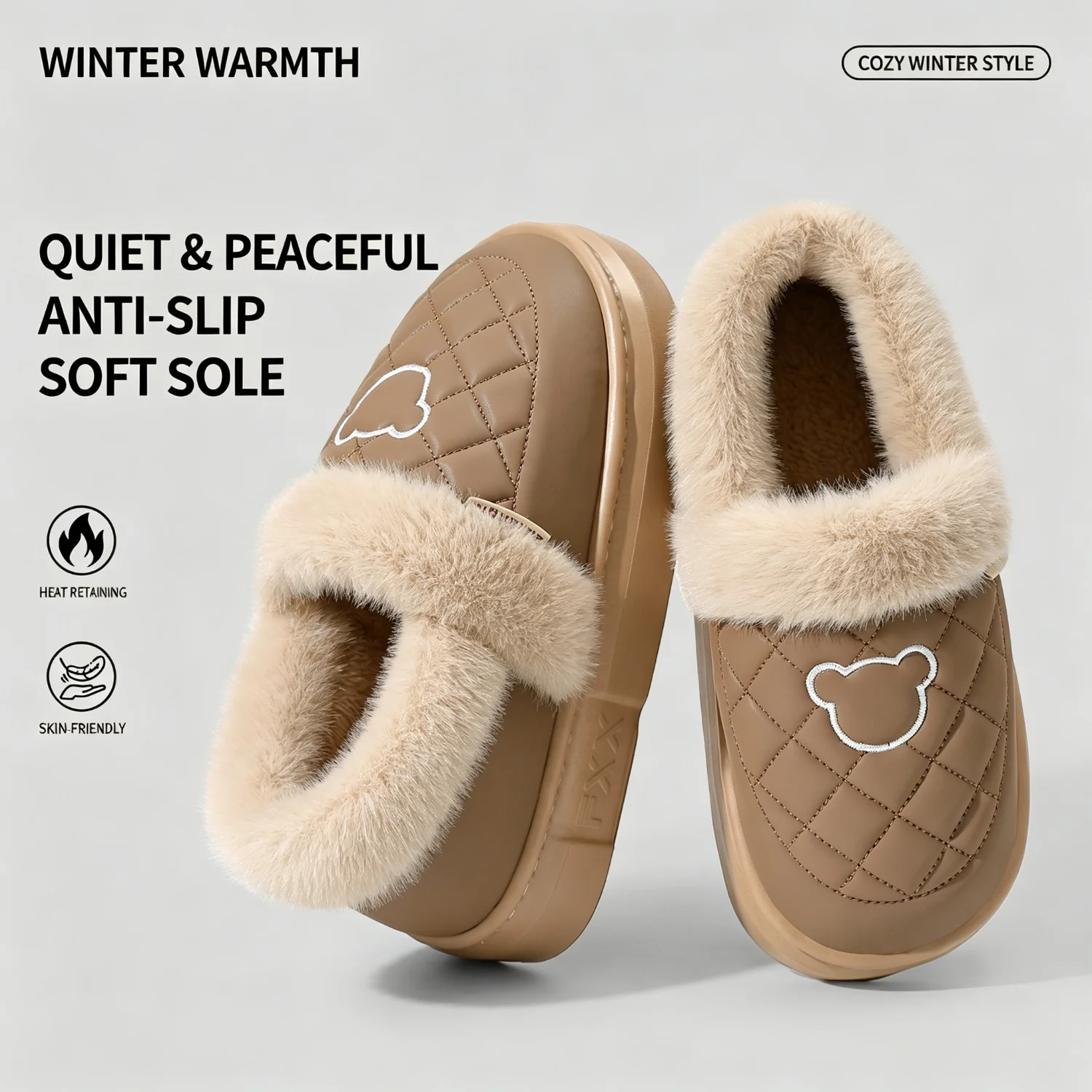 Winter-Wasserdichte Hausschuhe für Damen und Herren, mit dicker Sohle, warmem Plüschfutter, Bärenstickerei, rutschfest, weich, elastisch, für den Innenbereich. – Detail 7