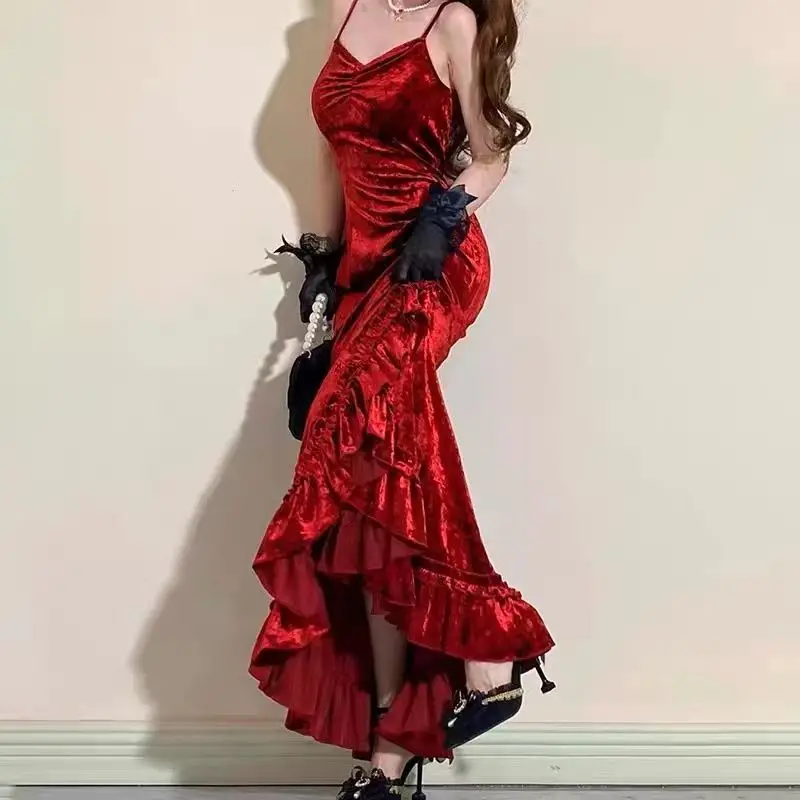 Topenomi French Red Spaghetti Strap Velvet Evening Dresses Women Summer Sexy Waist Slim Fit Ruffles Fishtail Party Dress Gown