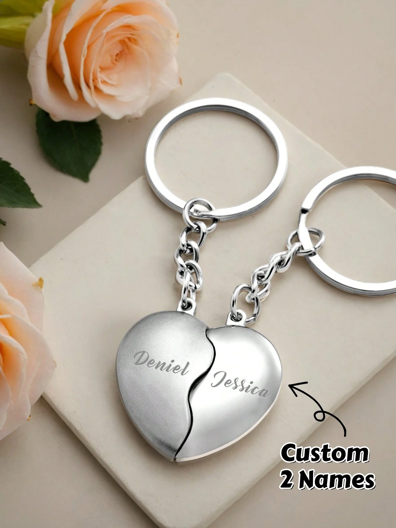 Custom Couple Keychains Personalized Engraved Heart Keyring Matching Magnetic Lovers Keychain Valentines Birthday Anniversary