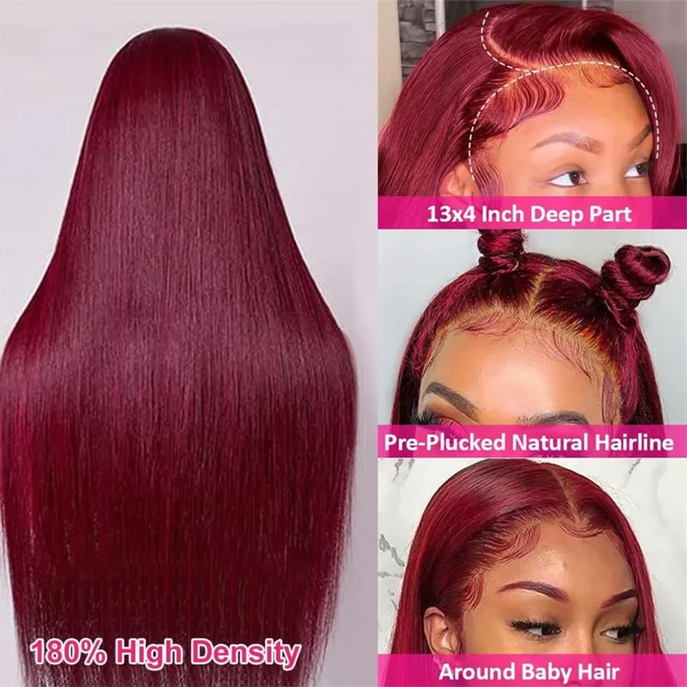 99J Burgundy Red 13x6 Lace Front 100% Human Hair Wigs Colored Straight 13x4 Hd Lace Frontal  Wig