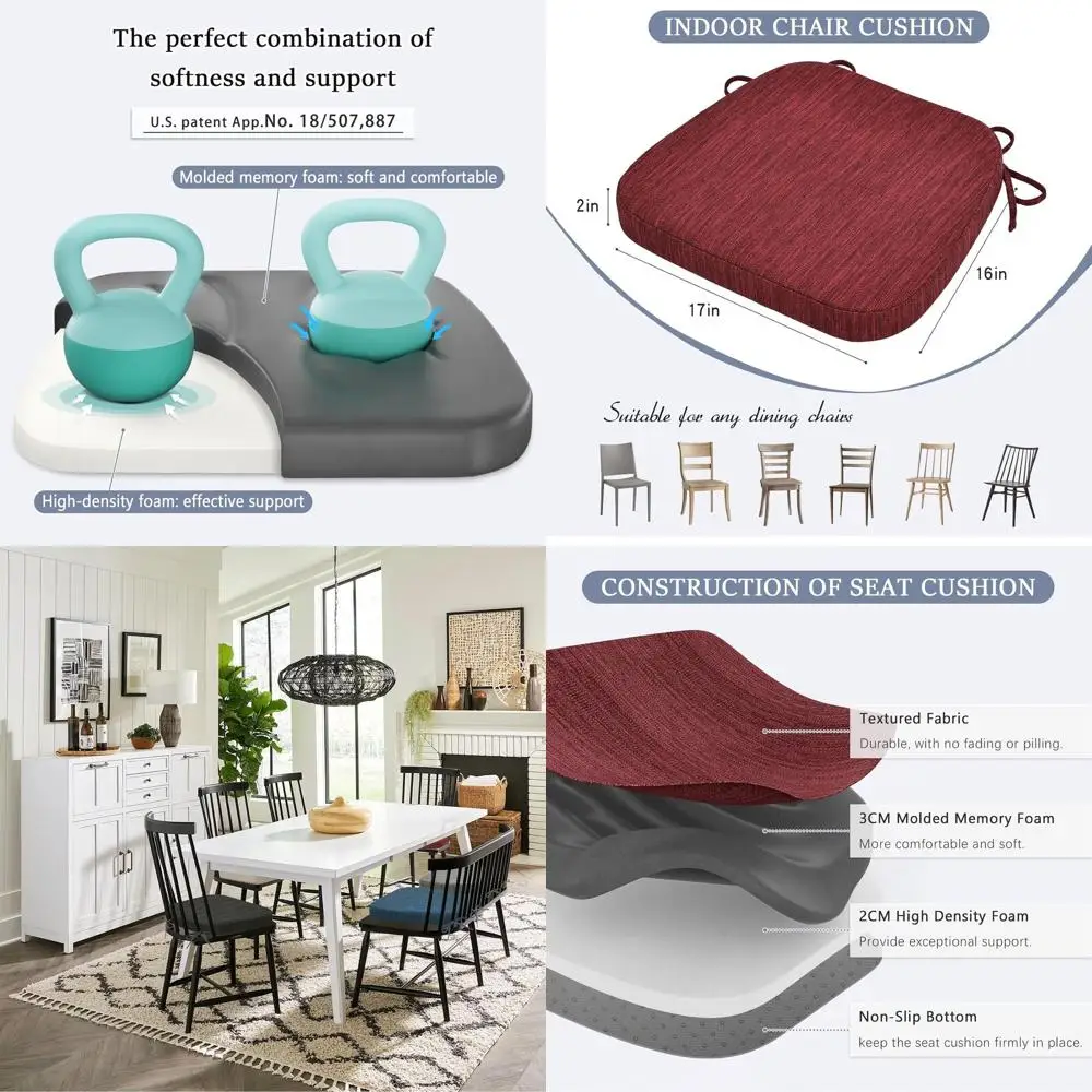 

6-Piece Set of Dual-Layer Memory Foam Dining Chair Cushions with Ties, Washable Covers, 17 x 16 x 2, Wine Red