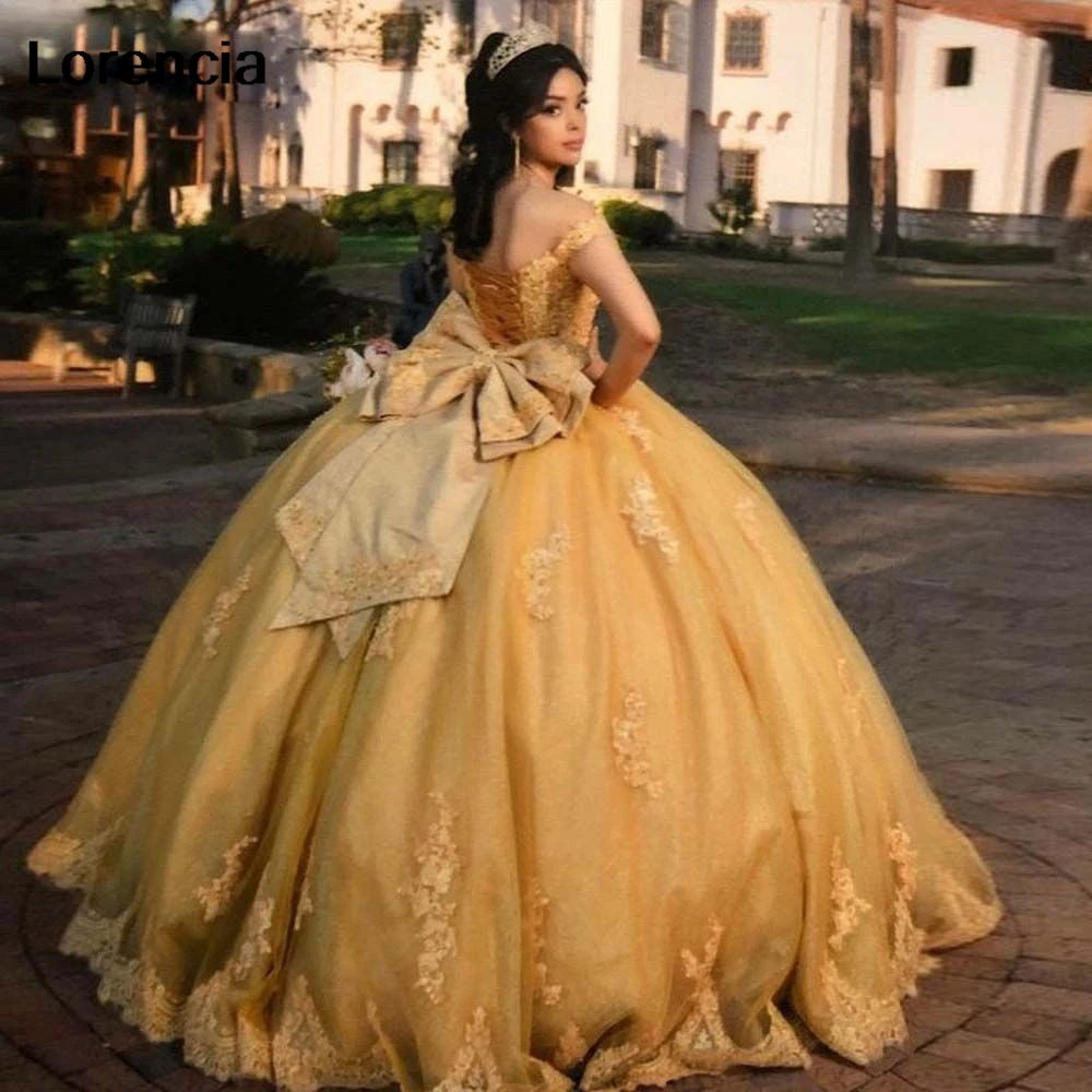 Customized Glitter Gold Quinceanera Dress Off Shoulder Lace Applique Beading With Bow Corset Sweet 16 Vestidos De 15 Años YQD661