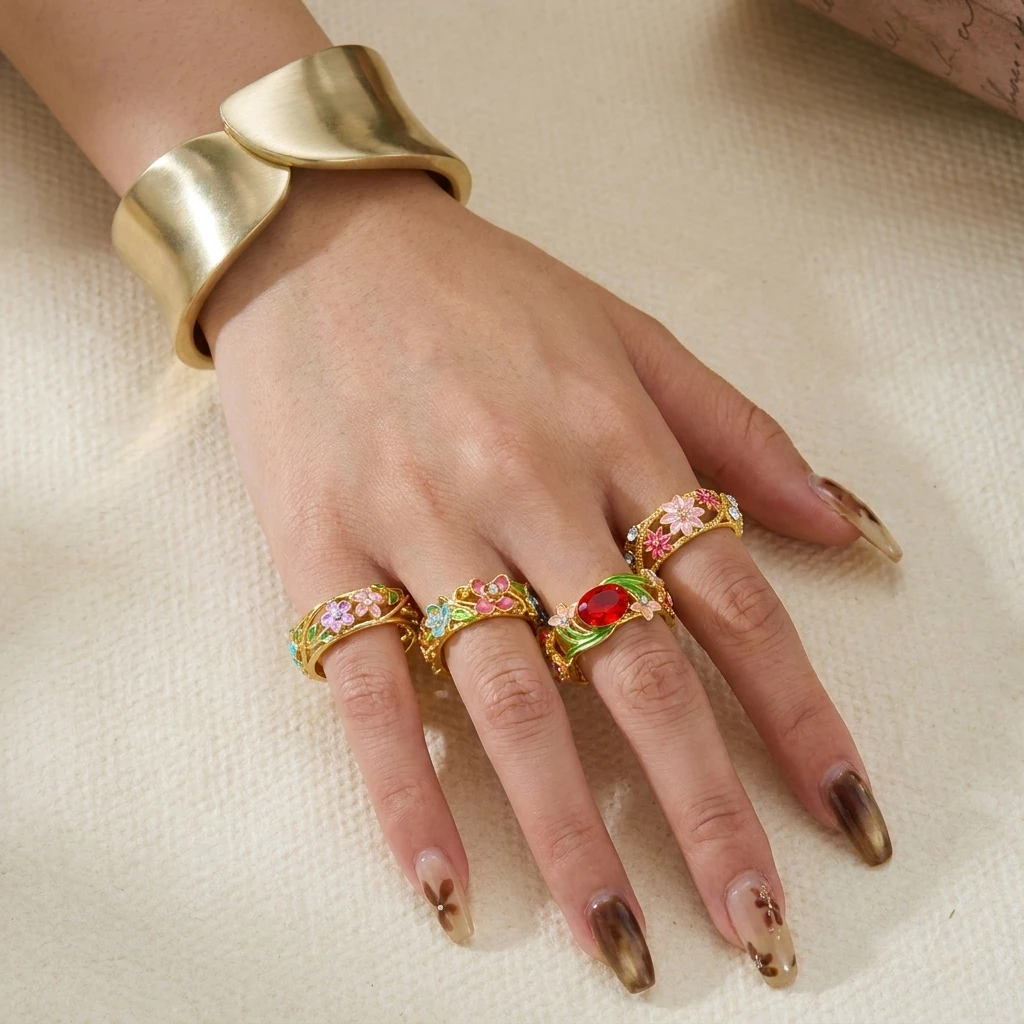 Vintage Bunter Blumen-Emaille Offener Ring für Frauen Kreativer Roter Strass Fingerring Exquisiter Charm Party-Schmuck Geschenke – Detail 2