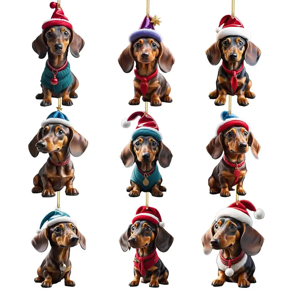 2D Cartoon Cute Dog Christmas Ornaments Fun Dachshund Dog Hanging Decoration Xmas Tree Graphic Design Pendant Home Car Decor