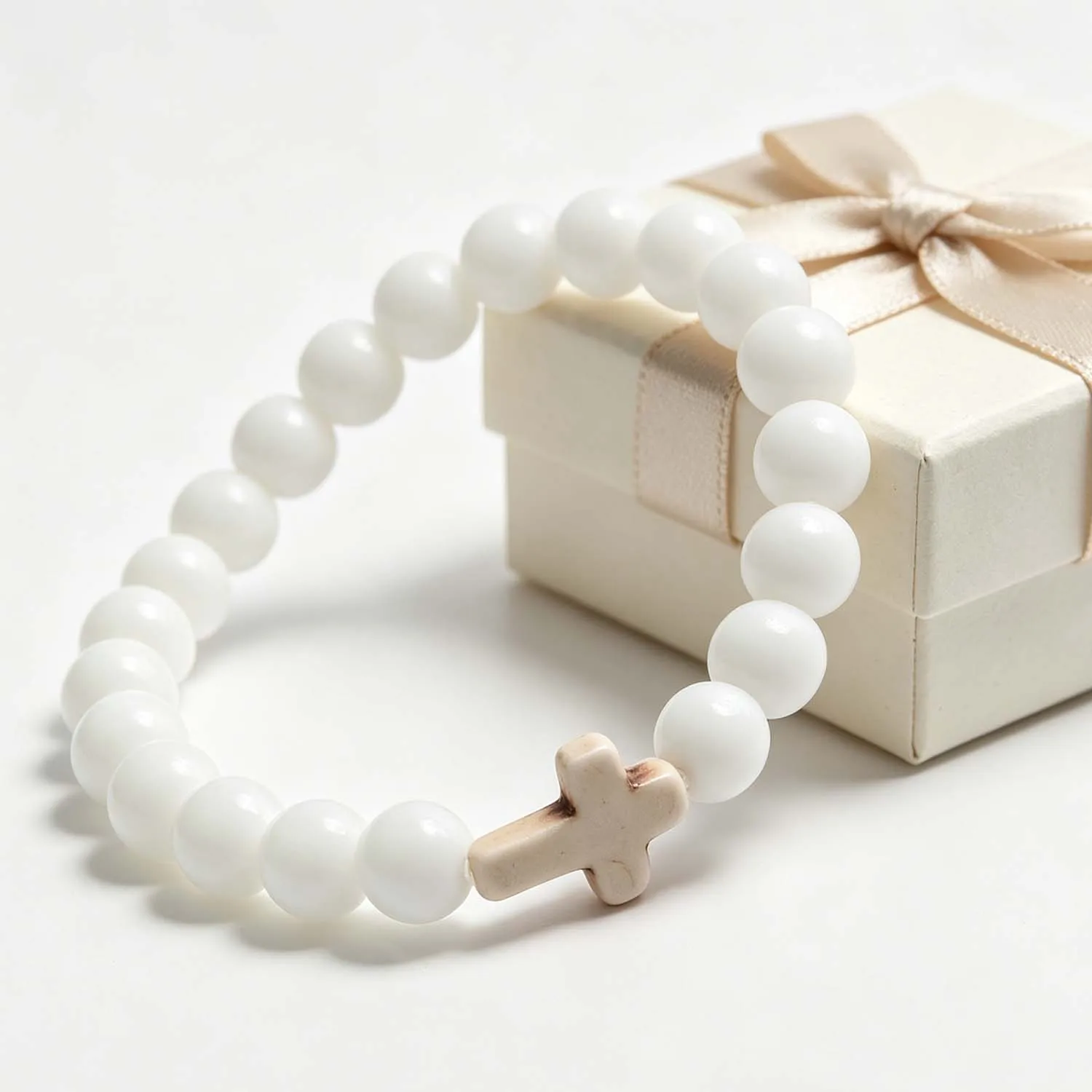 Minimalist White Stone Cross Beaded Bracelet for Men Women Elastic Wristband Christian Gift Luck Protection Jewelry