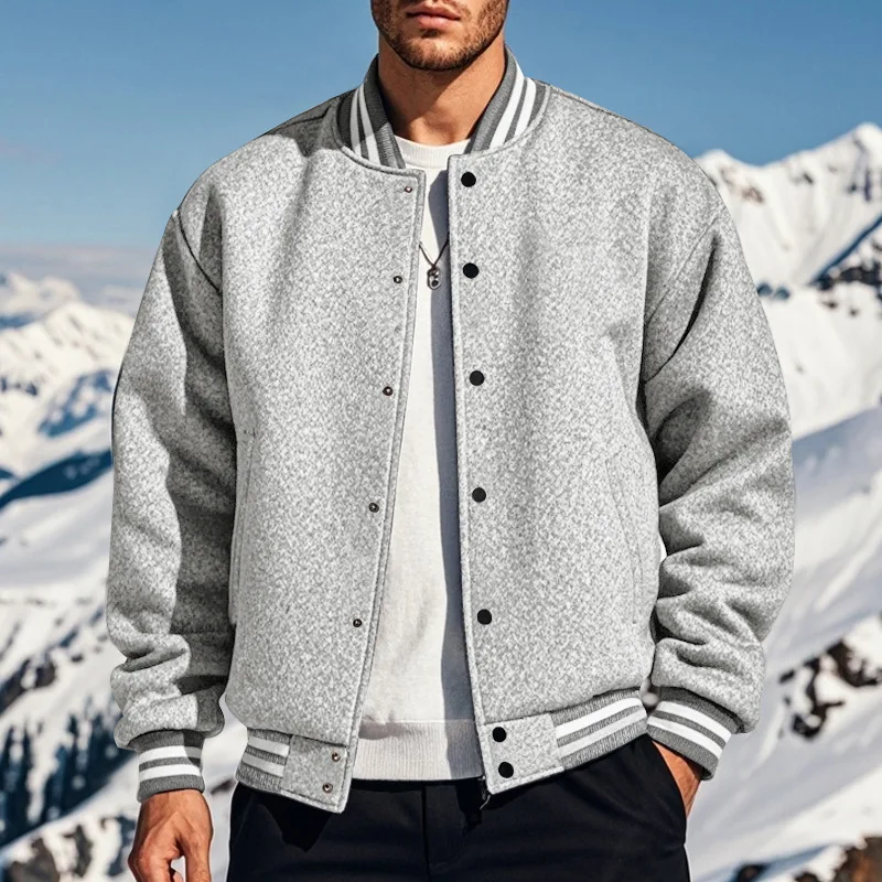 Men's Varsity Baseball Jacket Ribbed Collar Button Down Long Sleeve Loose Fit Casual Streetwear Bomber Coat With Pockets