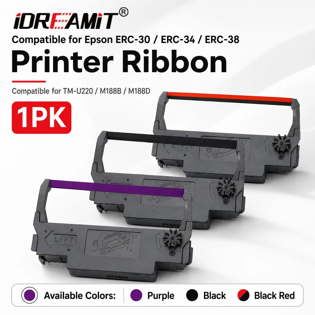 1 Pack ERC-30/34/38 Ribbon, 12.7mm 5M Black Red/Purple/Black Compatible for E-pson TM-U220 U200 U300 M119 M188B M270 NK506 POS