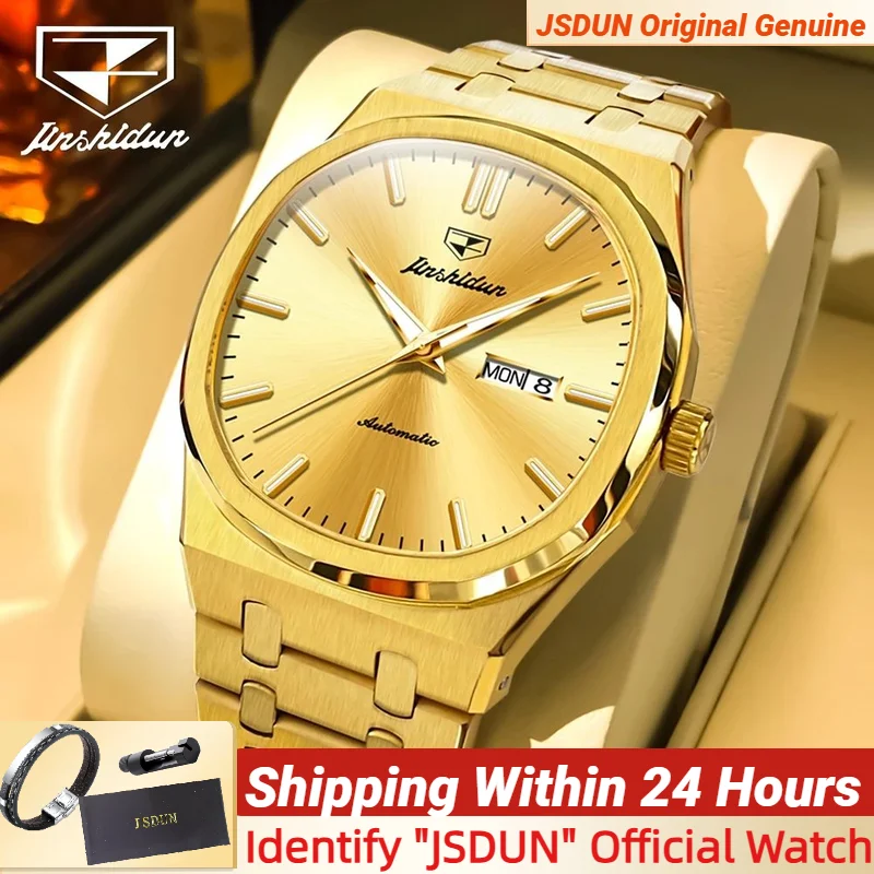 

JSDUN 8966 Full Gold Watch for Men Automatic Mechanical Dual Calendar Display Waterproof Night light Man Wristwatch