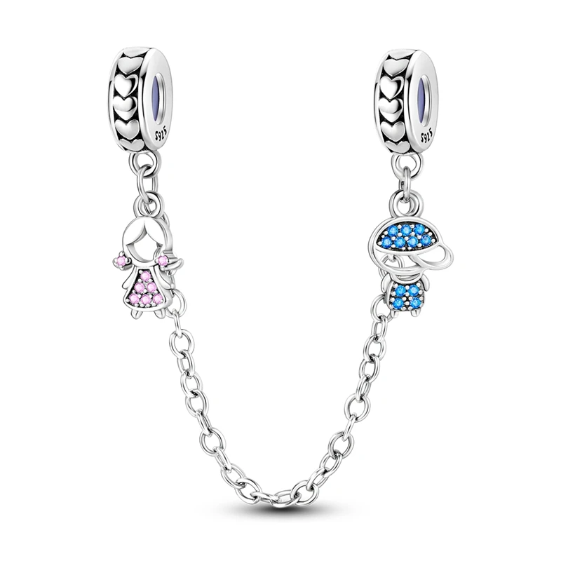 

925 Sterling Silver Boys and Girls Safety Chain Charm Sparkling CZ Zircon Dangle Fit Original Bracelet DIY Women Jewelry