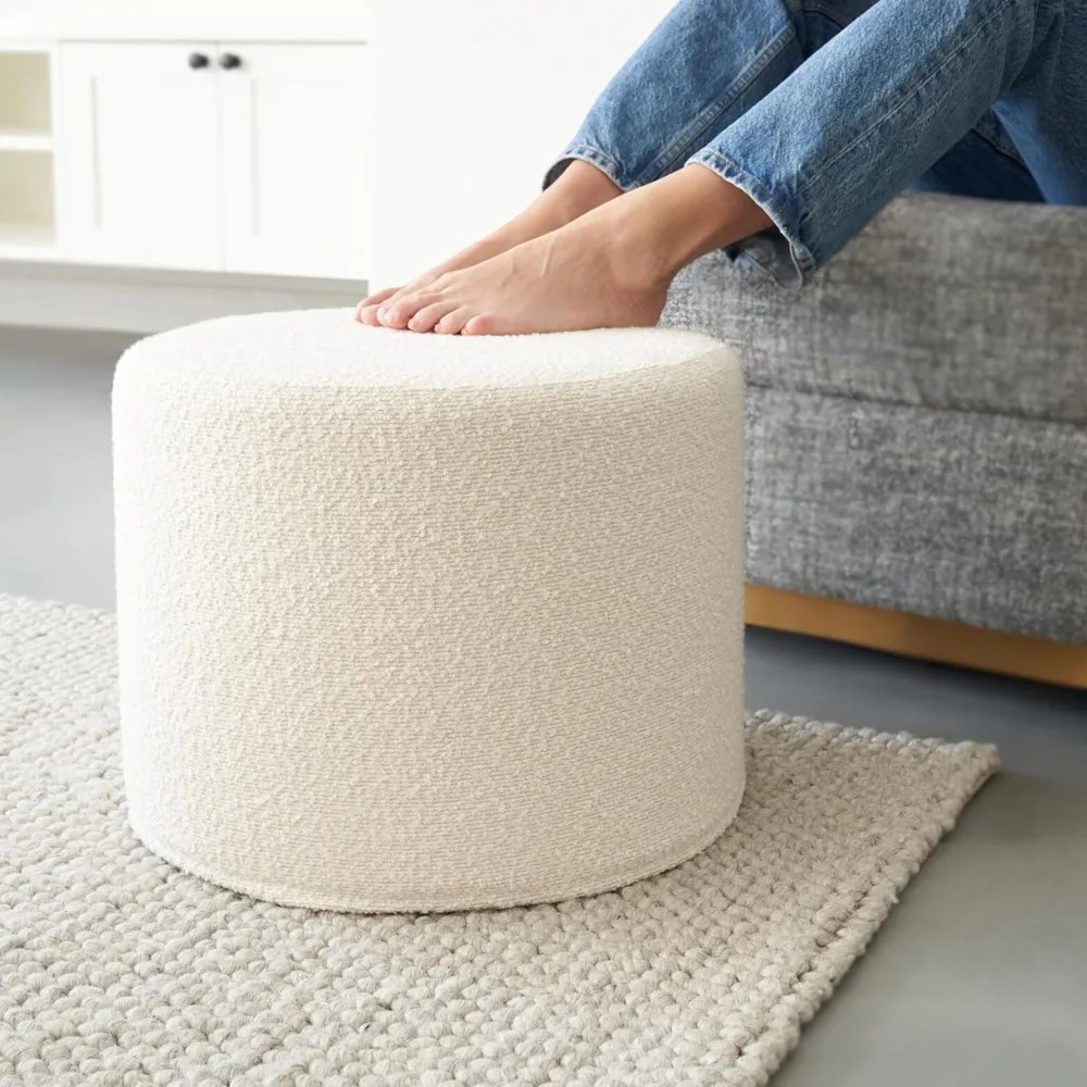 Elegant Round Boucle Pouf Ottoman & Foot Rest - Lightweight Comfort for Living Room Decor, Modern Foam Filled Stool