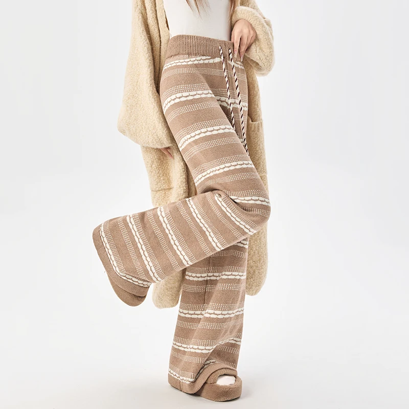 Pantaloni maglione ispessiti Pantaloni larghi casual a vita alta a gamba larga Autunno Inverno 2026 Nuovi pantaloni caldi lavorati a maglia