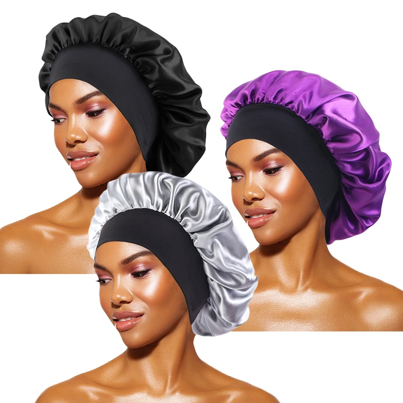 Dames Satijn Effen Mutsen Breedgerande Nachtrust Badmuts Unisex Hoofdwikkel Elastische Band Cap Haarverzorging Motorkap