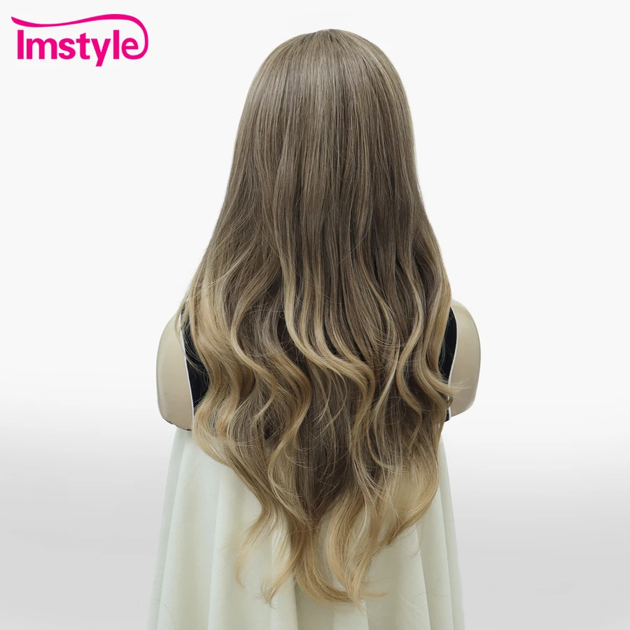 Imstyle Long Wavy Synthetic Lace Front Wig for Women Heat Resistant Fiber Natural Ash Brown Blonde Highlight Wig Daily Cosplay