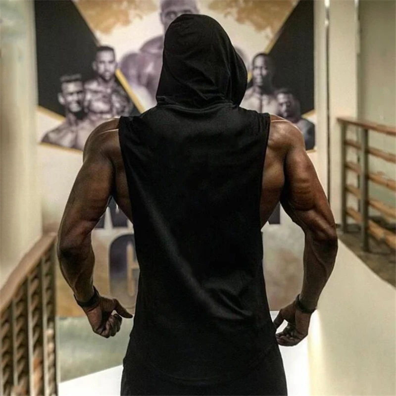 Hooded Breathable Sleeveless Gym Workouts weightlifting  Fitness Muscle Bodybuilding Tank Top Hip-hop Loose Top  Cotton T-shirts