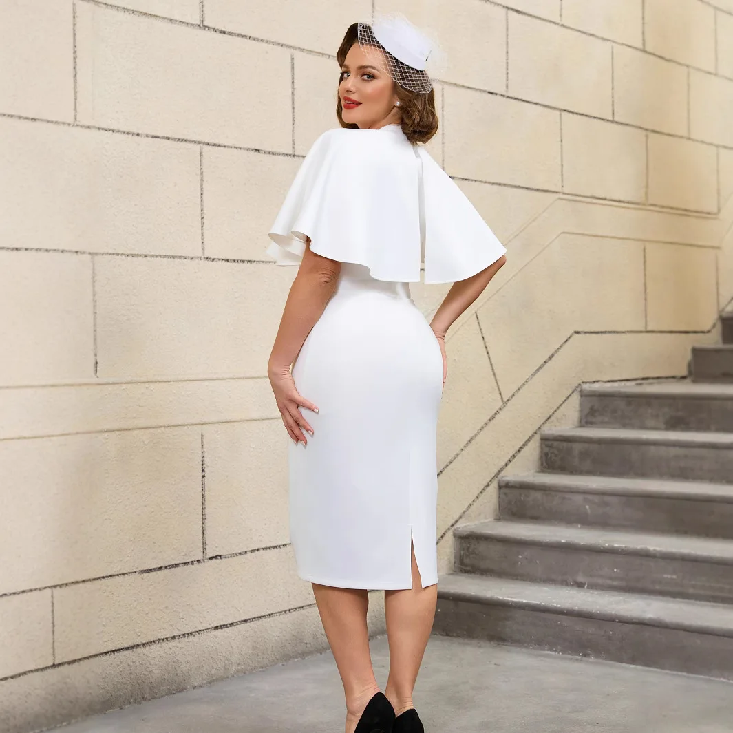 Vintage Ruffle Cocktail Party Dance Birthday Graduation Evening Knee Length Dress White Black