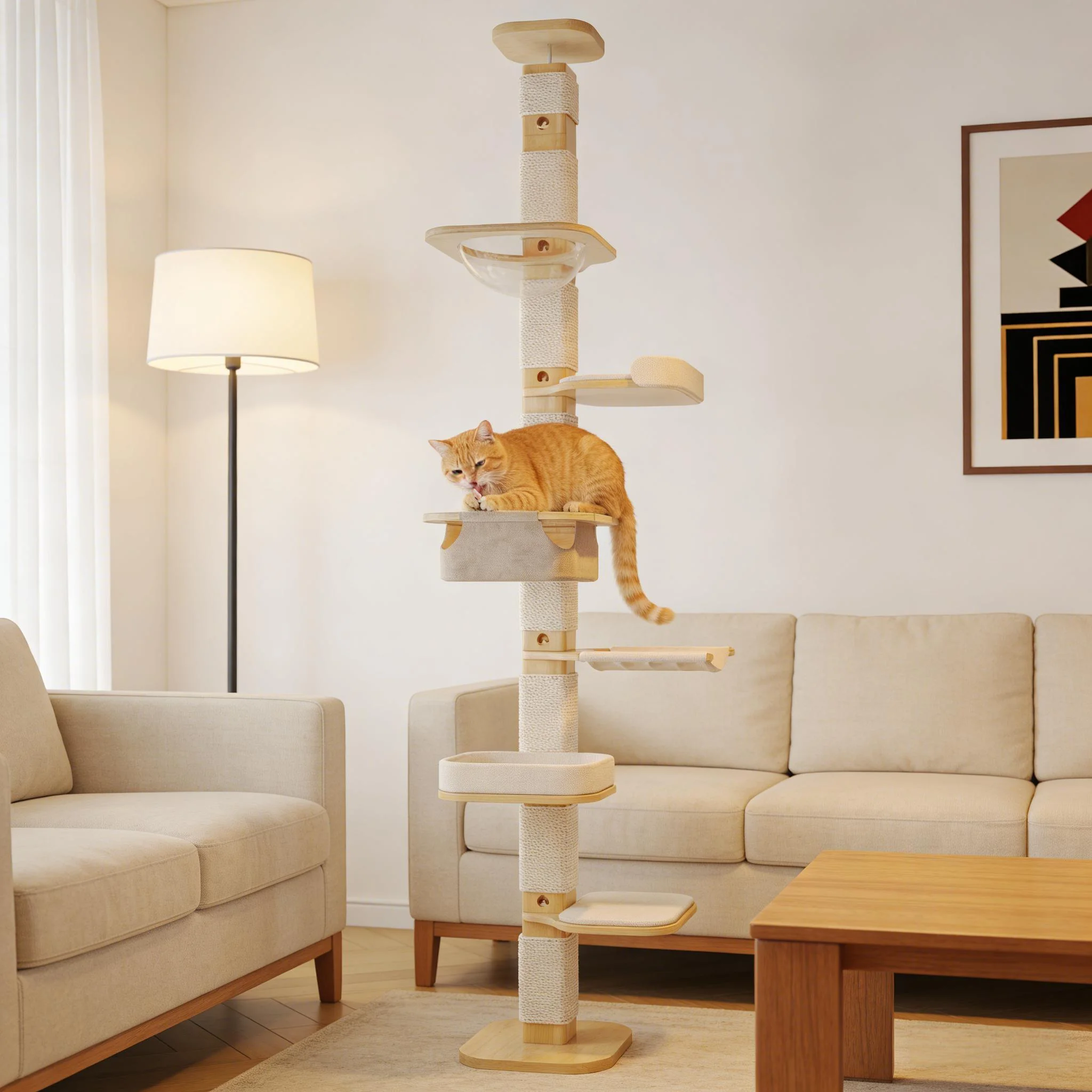 Minimalist Large Luxury Modern Ceiling-Mounted Cat Tree With Transparent Viewing Platform Factory Direct Wholesale