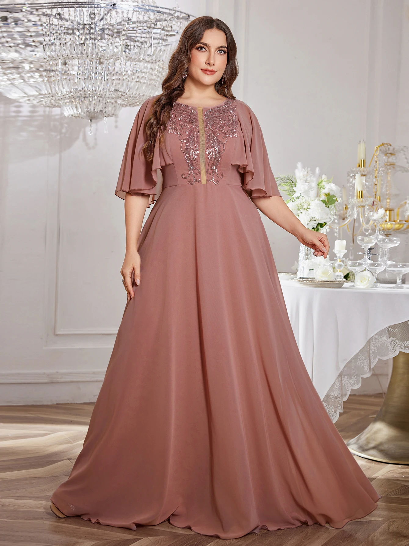 

UNITHORSE Plus Size Round Neck Sequin Ruffle Sleeve Chiffon Evening Gown