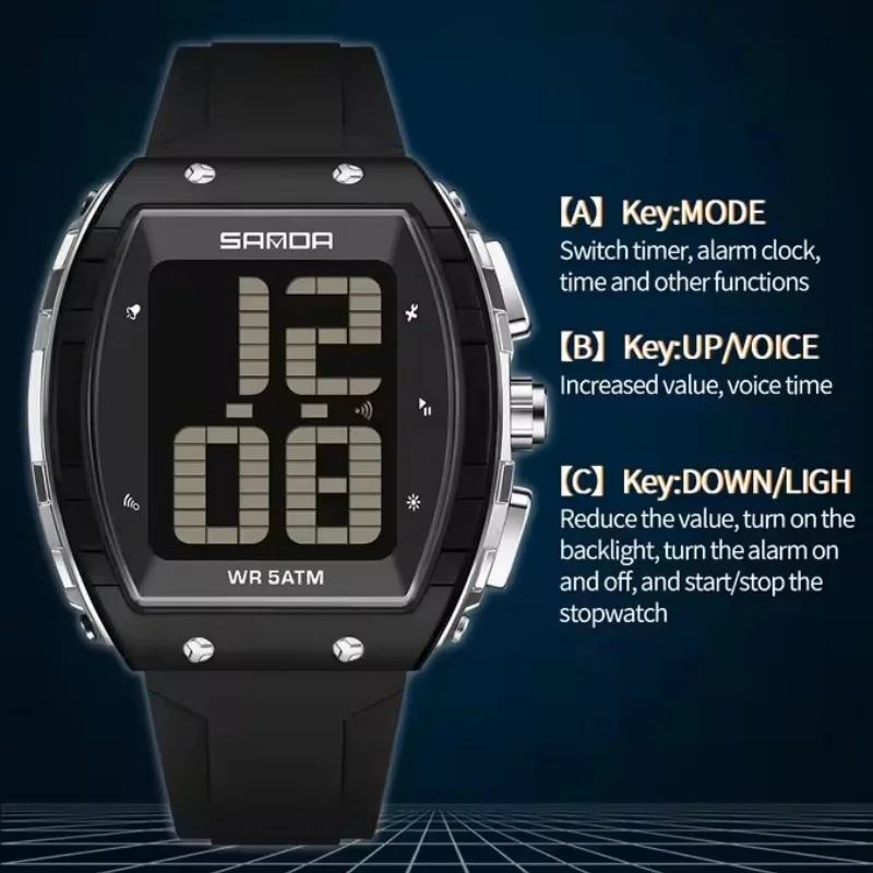 SANDA 6222 ساعة رقمية رجالية عادية مقاوم للماء LED الطلب الكبير تاريخ ساعة تنبيه ساعة رجالية سيليكون حزام ساعة إلكترونية