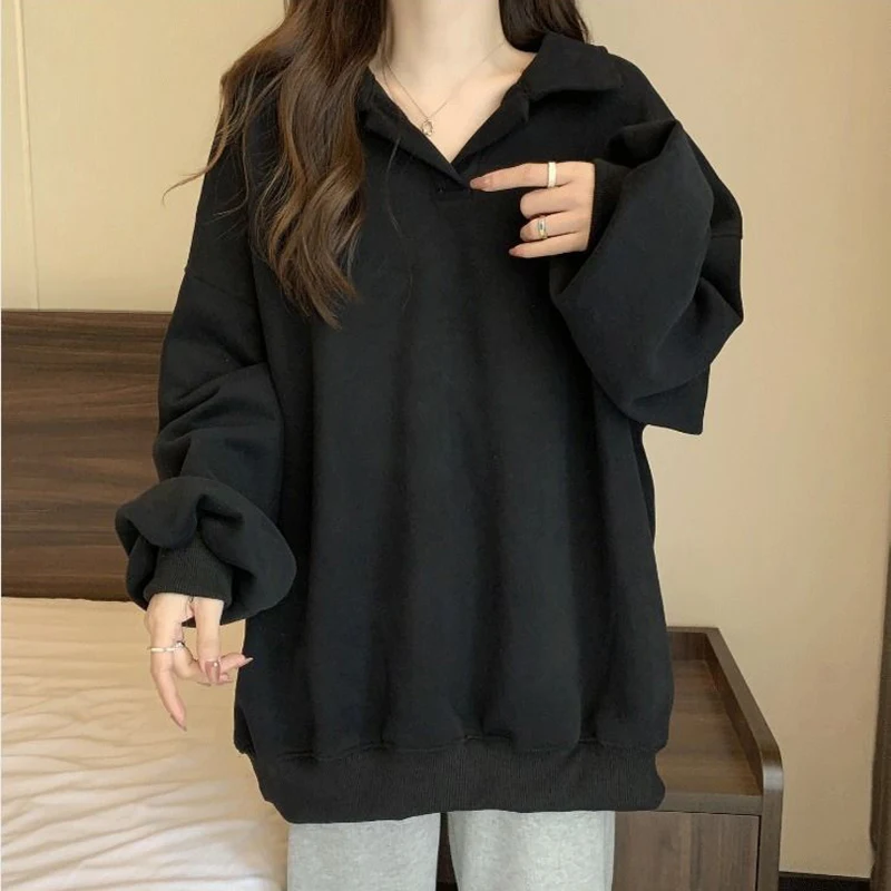 Women\'s Clothing 2024 Trendy Simple Casual Oversized Streetwear Y2K Sweatshirt Polo Collar Solid Long Sleeve Pullover Tunic Tops