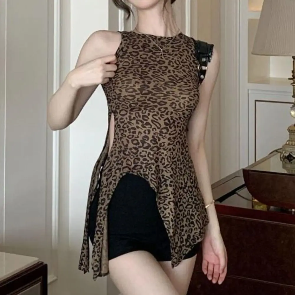 

Stylish Irregular Leopard Crop Top Bottoming Shirt Slim Fit Halter Cheesy Tops Ins Female Clothing Leopard T-Shirt Women Female
