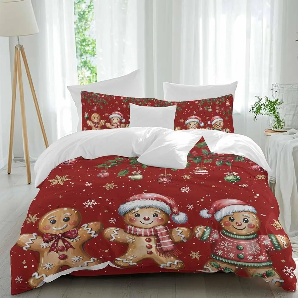 

Merry Chrisas Sheet Set, Xmas Cute Gingerbread Man Balls Holly Berry lakes Red 4 Pieces Breathable Sot Duvet Cover Set Bedding C
