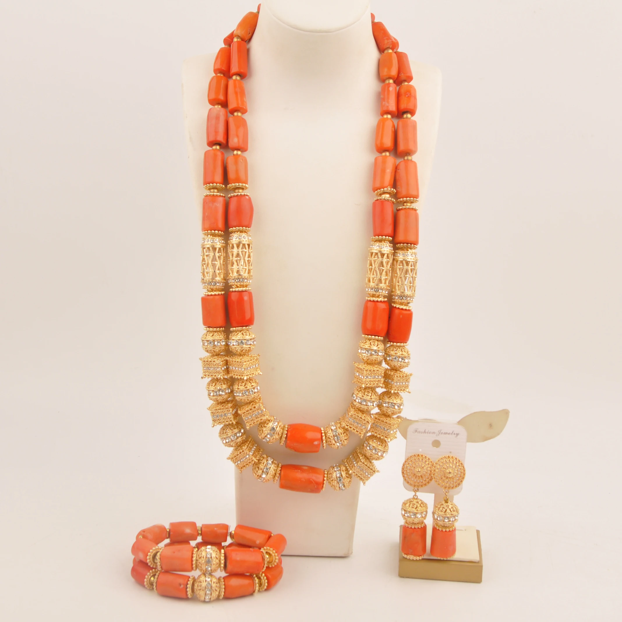 

African Bride Jewelry Orange Nature Coral Bead Wedding Set