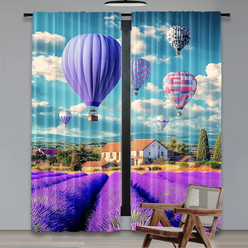 2Pcs Europe Scenic Curtain Colorful Hot Air Balloons Over Purple Lavender Fields Curtain Modern Abstract Curtains