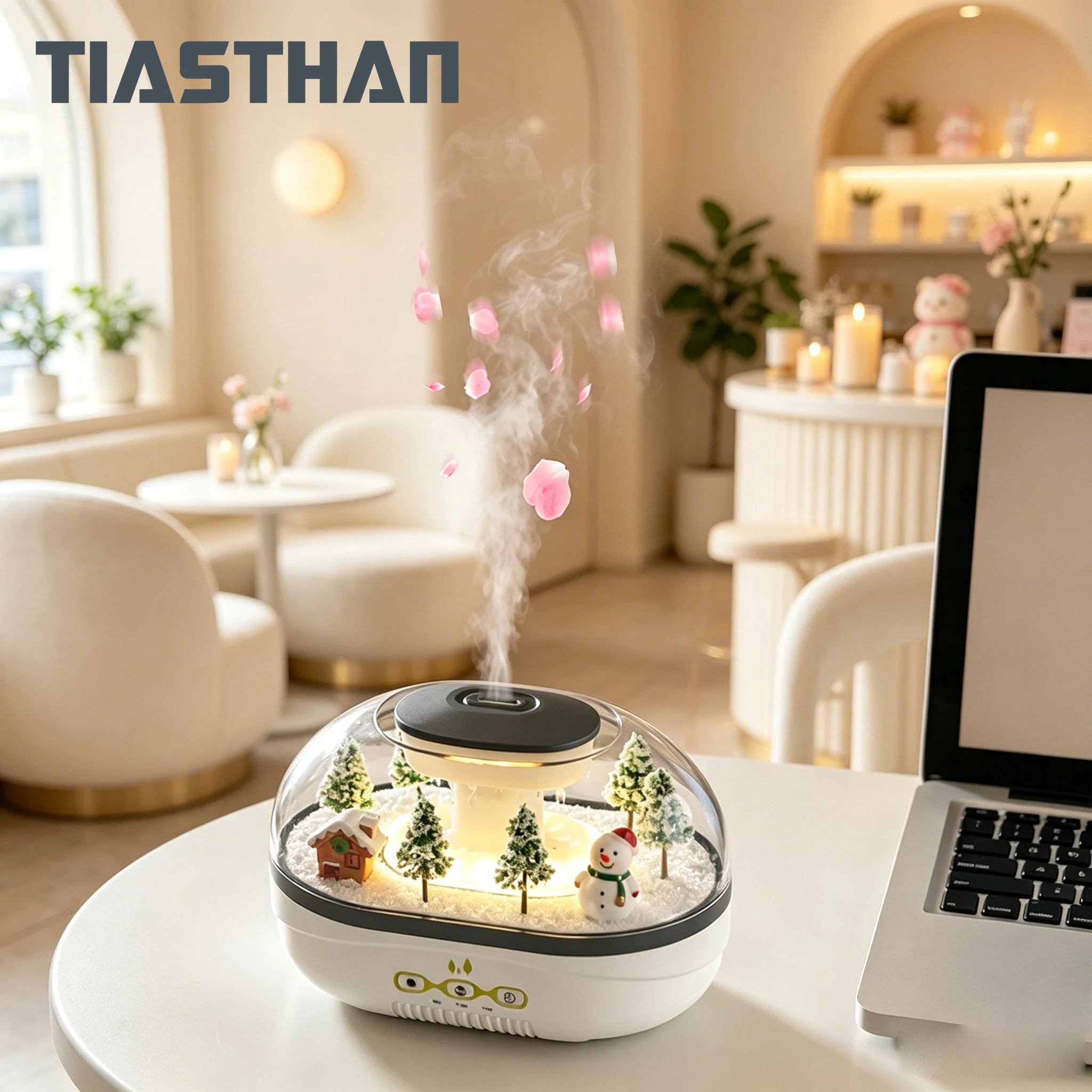 デスクトップアロマセラピー加湿器-3dマイクロランドスケープ付き-–-レインドロップスタイルクールミストディフューザー-2段階タイマー（2時間-4時間）