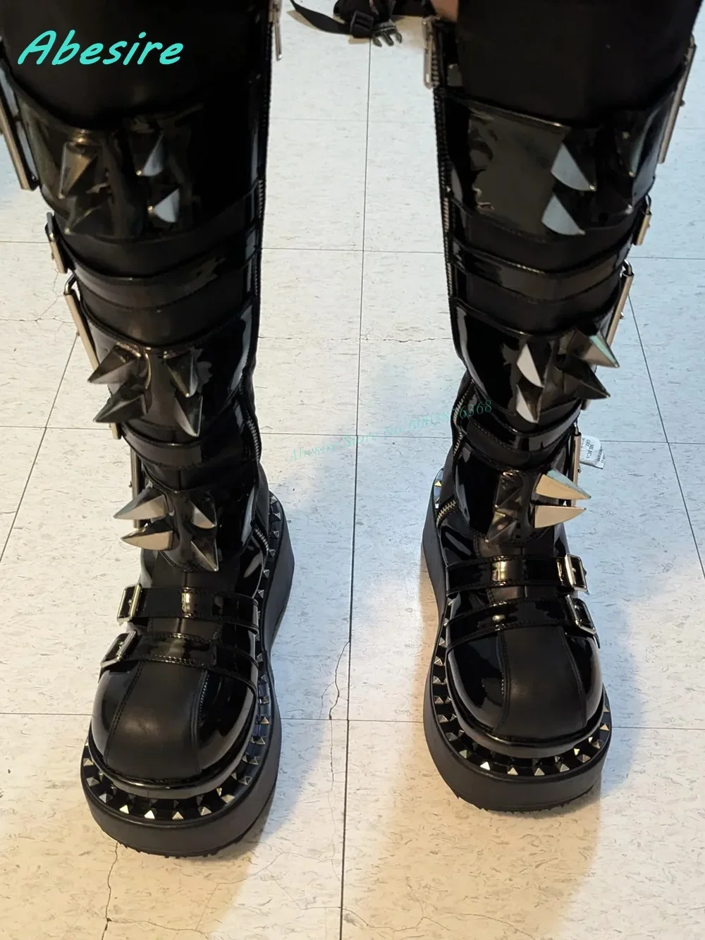 Multi-Buckles Knee High Boots Patent-Leather Patchwork Round Toe Thick Sole Zipper Shoes for Women Lolita Punk Rock Goth Shoes - view 6